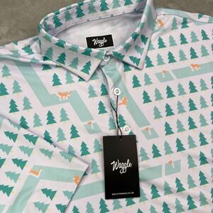 Waggle Fox Holes Polo Shirt Mens Large White Green Fox Print Stretch Performance
